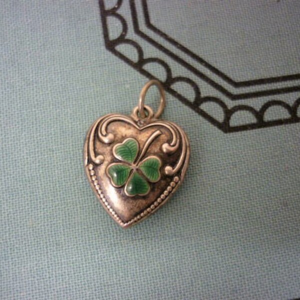 Puffy Sterling Heart Charm,Puffy Enamel Four Leaf Clover Heart Charm,Guilloche Clover Heart Charm