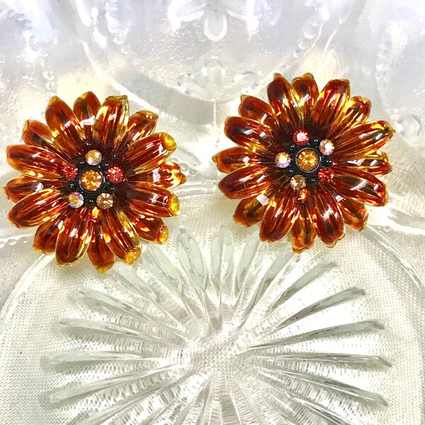 Joan Rivers Enamel Swarovski Crystal Clip on SunFlower Earrings