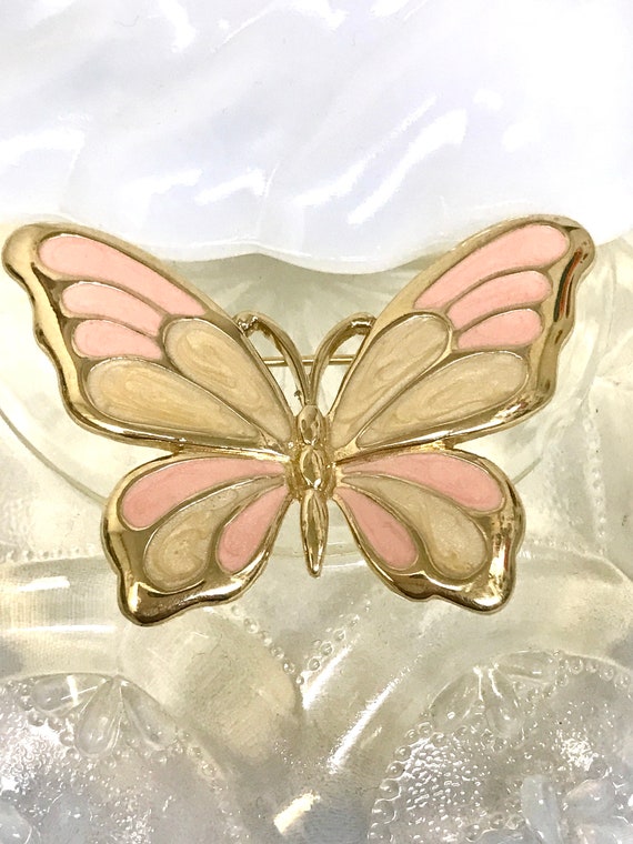 Trifari Enamel Butterfly Pastel Gold Brooch