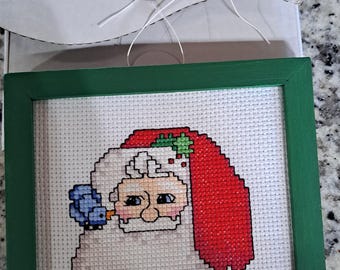 Cross-stitched Santa in Wooden Frame (with gift box)