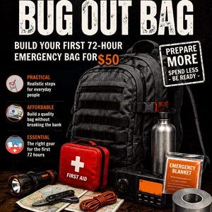 May include: A black tactical backpack, a red first aid kit, a metal water bottle, a flashlight, a folding knife, a radio, an emergency blanket, and a roll of duct tape on a map. Text reads: THE BUDGET BUG OUT BAG, BUILD YOUR FIRST 72-HOUR EMERGENCY BAG.