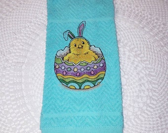 Easter chick egg, Kitchen Hand Towel Easter, Easter towel, hand towel, tea towel, teal towel, embroidered Easter