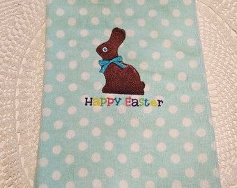 Easter chocolate rabbit, bunny embroidered, Kitchen Hand Towel Easter, hand towel, tea towel, aqua towel, embroidered Easter white