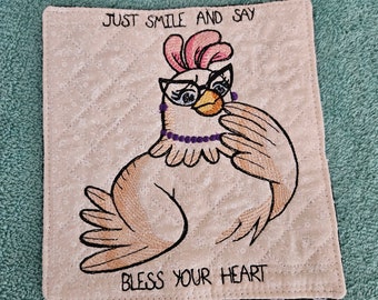 Chicken mug rug coaster embroidered Gift coffee