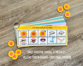 May include: A visual schedule for brushing teeth, featuring a yellow card with illustrated steps and the text "It is time to brush my teeth." Includes Velcro tokens and the text "DAILY ROUTINE VISUAL SCHEDULES - VELCRO TOKEN BOARD - PERSONAL HYGIENE."