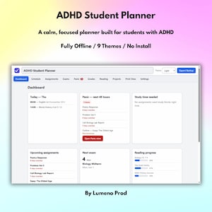 Puede incluir: Interfaz digital para un planificador de estudiantes con TDAH. La pantalla muestra un panel con secciones para tareas, exámenes y progreso de lectura. El texto dice "ADHD Student Planner" y "By Lumeno Prod."