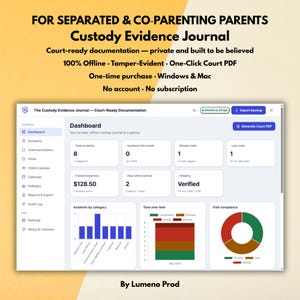 May include: A digital dashboard interface titled The Custody Evidence Journal for separated and co-parenting parents. The screen displays data widgets for incidents, expenses, and visit compliance, featuring bar charts, a pie chart, and text labels.