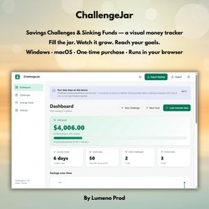 May include: ChallengeJar software interface displaying a dashboard for savings challenges and sinking funds. The screen shows a total saved amount of $4,006.00, current streak, active days, and active challenges. Text includes ChallengeJar and By Lumeno Prod.