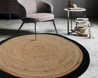Handwoven Round Jute Rug | Natural Black Border Area Carpet | Boho Floor Mat Decor