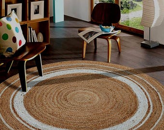 Geflochtener natürlicher weißer runder Teppich | Boho Teppich aus Jute, 1 m Bodenmatte