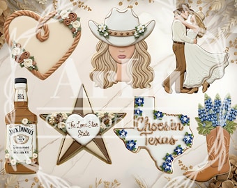 May include: A collection of decorated cookies with a country and western theme. The cookies include a heart, a cowboy hat, a couple dancing, a star, a Texas-shaped cookie with the words "Choosin Texas", a boot with bluebonnets, and a whiskey bottle.
