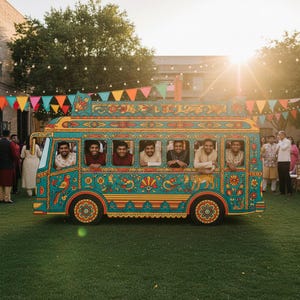 Puede incluir: Un recorte de autobús decorativo y colorido con intrincados diseños florales y de animales. El autobús es de color turquesa, amarillo y naranja, con personas visibles en las ventanas. La escena está ambientada al aire libre con un césped verde, banderas coloridas y un sol brillante.