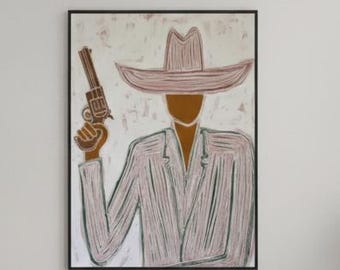 Pink & Green Cowboy Oil Painting: Abstract Western Art (Digital Download)