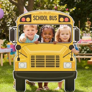 May include: A bright yellow school bus cutout with the words "SCHOOL BUS" displayed. Three children are smiling from the windows. The scene is set outdoors with balloons and a picnic table in the background.