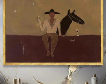 Western Cowboy Horse Painting: Moody Mid-Century Art (Digital Download)