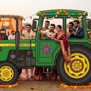 May include: A green tractor with yellow wheels and a decorative floral design is the focal point of a wedding celebration. Several people are inside the tractor, taking selfies. The background features wedding guests and floral decorations.