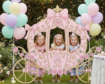 Marco para fotomatón con forma de carroza de princesa rosa / Fondo para fiestas temáticas de hadas (DESCARGA DIGITAL)
