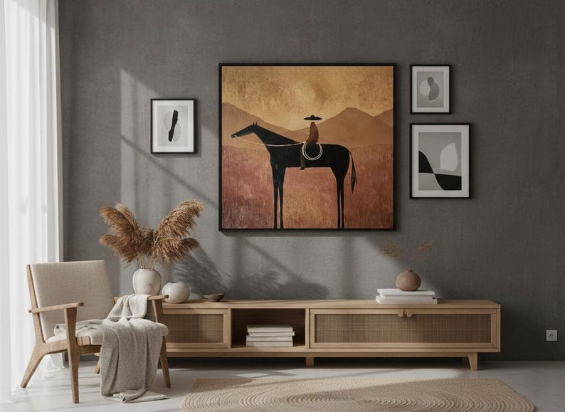 May include: A living room scene featuring a large framed artwork of a black horse with a rider, set against a warm-toned landscape. The room includes a wooden cabinet, framed abstract art, a beige chair, and decorative elements.