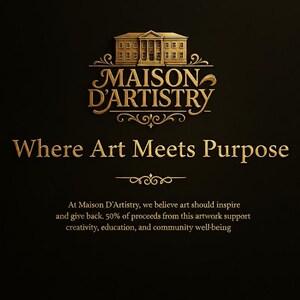 May include: Gold-colored logo on a black background. The logo features the words "MAISON D'ARTISTRY" above the phrase "Where Art Meets Purpose." The text below states that 50% of proceeds support creativity, education, and community well-being.