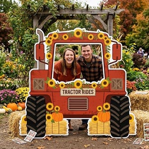 May include: A red tractor-shaped photo cutout decorated with sunflowers and pumpkins. The cutout has a rectangular opening for people to pose in. The text "TRACTOR RIDES" is displayed on the front. The background features a garden with pumpkins and hay bales.