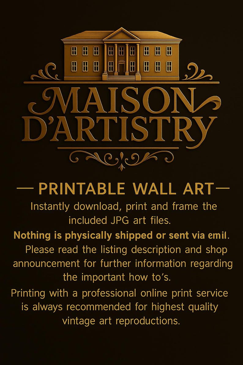 May include: A digital art print advertisement with the text "MAISON D'ARTISTRY" in gold lettering. The image features a detailed illustration of a building and the words "PRINTABLE WALL ART". The background is dark brown.