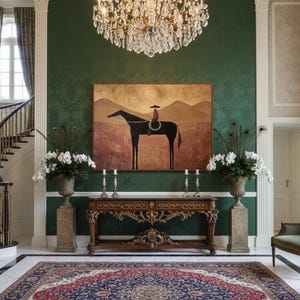 May include: Elegant entryway with a grand staircase, ornate rug, and a decorative console table. A painting of a horse and rider hangs above the table. The room features a crystal chandelier and green walls.