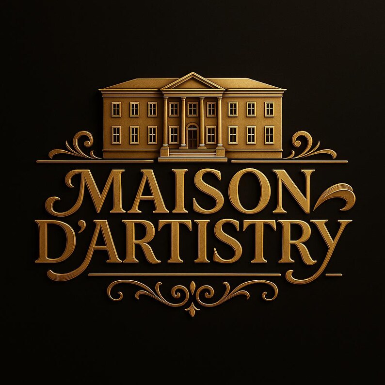 May include: Gold-colored logo on a black background. The logo features a classical building design above the words "MAISON D'ARTISTRY" in an elegant, stylized font. Decorative flourishes frame the text.