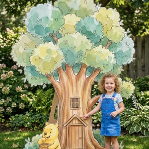 May include: A large, colorful cardboard cutout of a tree with a door and window, featuring Winnie the Pooh. A young girl in denim overalls points at the door. The tree has green and yellow leaves, and Winnie the Pooh is holding a honey pot.