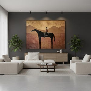 May include: Living room with a large abstract painting of a horse and rider. The room features a light-colored sectional sofa, a wooden cabinet, and two potted plants. A round coffee table sits on a light-colored rug.