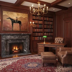 May include: A luxurious home library with dark wood paneling, a fireplace, and a large area rug. The room features a desk, leather chairs, and a painting of a horse and rider above the fireplace. Bookshelves line the walls.