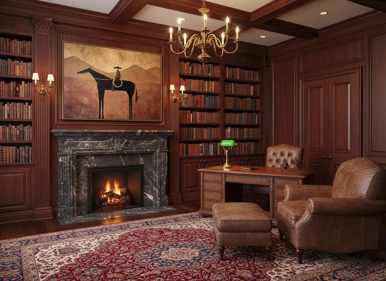 May include: A luxurious home library with dark wood paneling, a fireplace, and a large area rug. The room features a desk, leather chairs, and a painting of a horse and rider above the fireplace. Bookshelves line the walls.