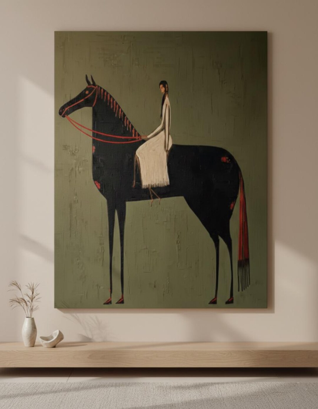 Equestrian Woman Horse Rider Oil Painting Style, Green Textured Wall ...
