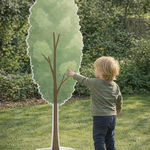 May include: A large, decorative tree cutout with a green and white design stands on a grassy lawn. The tree has a brown trunk and branches. A child in a green shirt and blue pants points at the tree.