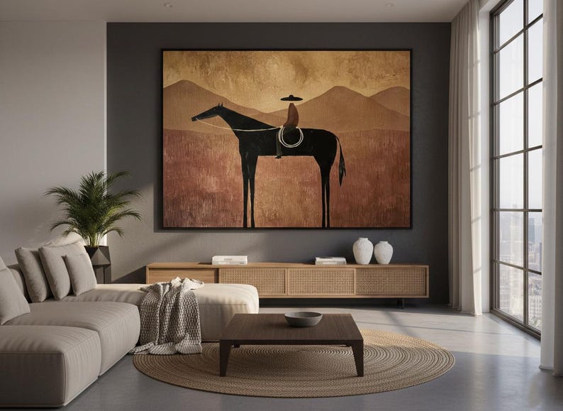 May include: Large framed artwork depicting a silhouetted rider on horseback. The artwork features a black horse and rider against a backdrop of brown mountains and a textured field. The piece is displayed in a modern living room setting.