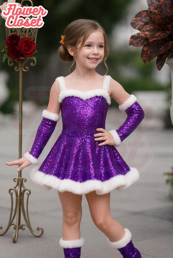 girls purple sequin dress Purple Sequin Girls Dress, Kids Sparkle Dress, Holiday Christmas Costume, Girls Purple Party Dress, Winter Dance Outfit, Xmas Girls Clothing