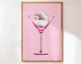 Disco Cocktail Print - Retro Kitchen Wall Art - Disco Ball Bar Cart Decor - Preppy Cocktail Wall Art - Pink Girly Gift for Kitchen Decor