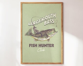 Largemouth Bass Fish Poster, Retro Fisherman Wall Art, Gift for Fisherman or Fishing Lover, Vintage Fishing Poster, Largemouth Bass Hunter