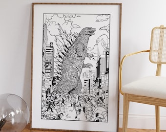 Godzilla Artwork, Fan Made Poster Inspired by Godzilla, Japanese Monster, Japanese Godzilla Illustration, Gojira Poster, Outline Drawing