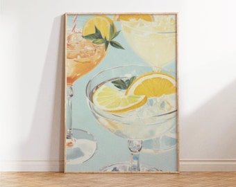 Blue Kitchen Print - Retro Cocktails for Vintage Home Decor and Bar Cart Art - Food and Drink Wall Art - Home and Birthday Gifts