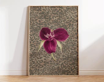 Leopard Print with Cheetah and Retro Flowers, Vintage Girly Wall Art, Trendy Preppy Decor for Bedroom or Apartment, Perfect Gift for Decor