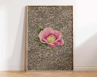 Leopard Print with Cheetah and Retro Flowers, Vintage Girly Wall Art, Trendy Preppy Decor for Bedroom or Apartment, Perfect Gift for Decor