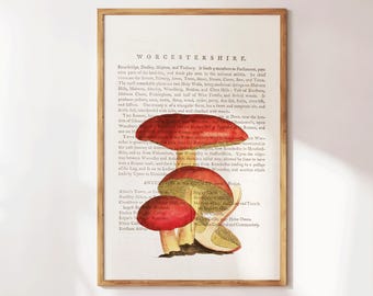 Vintage Dictionary Print - Retro Mushroom Wall Art - Antique Book Decor - Botanical Illustration - Cottagecore Flower Gifts for Home Gift