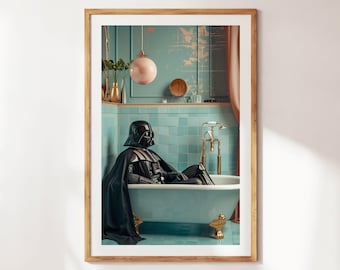 May include: Framed art print featuring Darth Vader relaxing in a vintage bathtub. The image shows a black helmet and cape, set against a teal bathroom with gold fixtures. The artwork is framed in a natural wood tone.