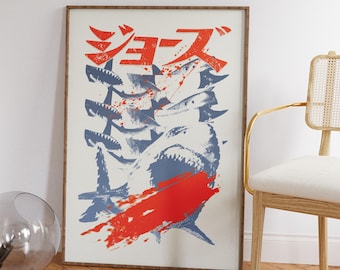 Jaws Retro Japanese Poster, Original Poster Inspired by Jaws, Jaws 1975, Jaws 1975 Original Poster, Vintage Horror Movie poster