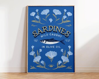 Sardines Print - Vintage Sardine Tin Poster - Retro Fish Wall Art - Colorful Kitchen Decor - Eclectic Maximalist Style for Your Home Gift