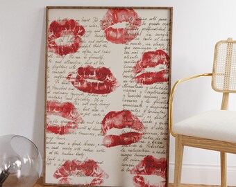 Retro Kiss Prints - Pink Retro Wall Art - Vintage Love Art - Romantic Retro Art - Home Gifts and Decor - Trendy Red Print - Lipsticks