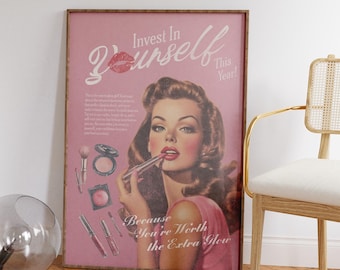 Invest in Yourself - Retro Feminist Wall Art - Girly New Yorker Print - Trendy Preppy Apartment Decor - Feminine Pink Room Decor