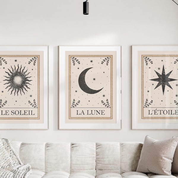 Set of 3 Wall Art Tarot Print, La Lune Print, Tarot Wall Art, Moon Sun Stars Prints, Boho Decor, Vintage Print, Farmhouse Decor, Home Gift