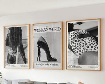 Set of 3 Leopard Prints - Retro Animal Wall Art - Vintage Black and White Girly Decor - Trendy Preppy Style for Apartments or Bedrooms Gift