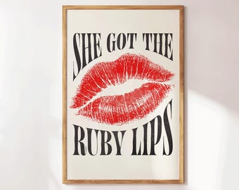 Red Lipstick Print, Retro Kiss Wall Art, Trendy Wall Art, Preppy Apartment Decor, Hot Girl Print, Chic Wall Decor, Aesthetic Girly Poster